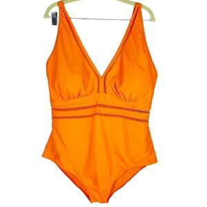 Daci Neon Orange Mesh Insert‎ V Neck Adjustable Strap One Piece Swimsuit Sz 20W